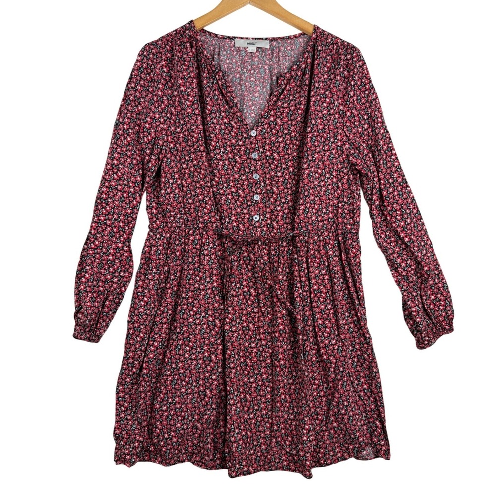 Loft Split Neck Ditsy Floral Print Long Sleeve Mini Dress size Medium Red/Black